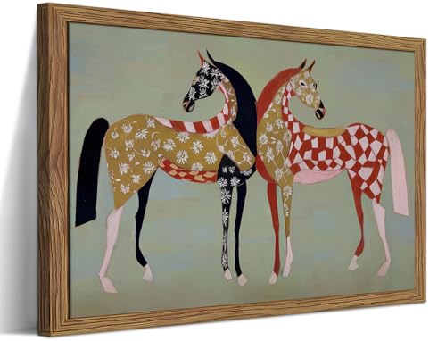 Framed Vintage Horse Canvas Wall Art, Abstract Two Patterned Horses Print, Geometric Equestrian Animal Artwork, Modern Western Folk Style Wall Decor for Living Room Bedroom Office 16x24in - color: Abstract Horses, size: 24"L x 16"W
