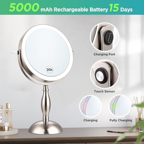 20x Magnifying Mirror with Light-Brushed Nickel - color: Brushed Nickel