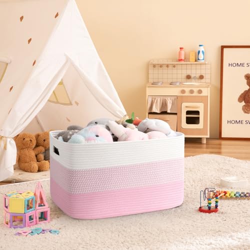 OIAHOMY Blanket Basket Laundry Basket Dog Toy Basket 75L Pink/White - color: Pink/White, size: 22”x17”x12”