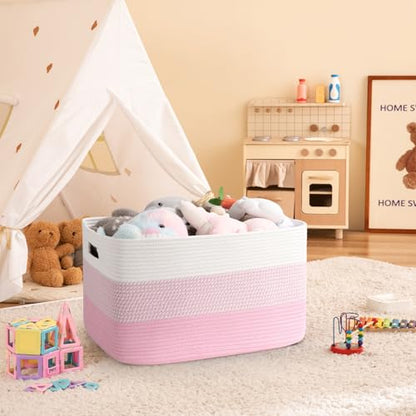 OIAHOMY Blanket Basket Laundry Basket Dog Toy Basket 75L Pink/White - color: Pink/White, size: 22”x17”x12”