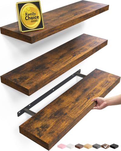 BAYKA Rustic Brown Floating Shelves 22.5in, 3 Pack, Wall Mount Wood Shelf - color: B. Rustic Brown - Americana Farmhouse Style, size: 22.5inches