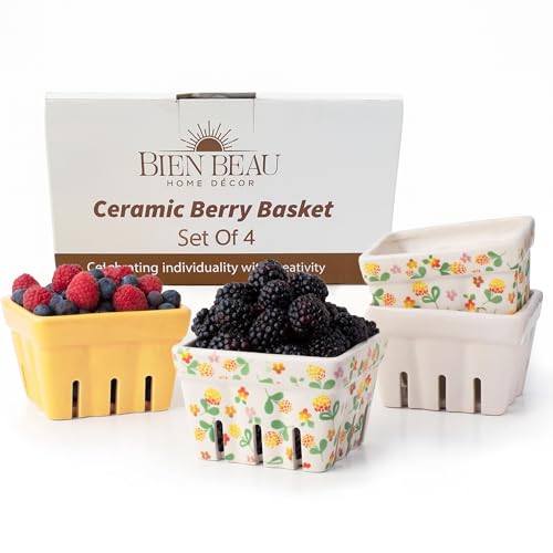BIEN BEAU Ceramic Berry Basket Set of 4, Floral Fruit Colanders for Kitchen - color: Yellow