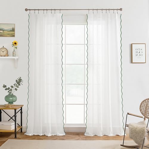 DriftAway Semi Sheer Scalloped Edge White Coastal Beach Window Curtains for Living Room Bedroom 2 Panels Rod Pocket Each Size 52 Inch by 90 Inch Loden Green - color: White Loden Green, size: 52"W x 90"L (Pack of 2)