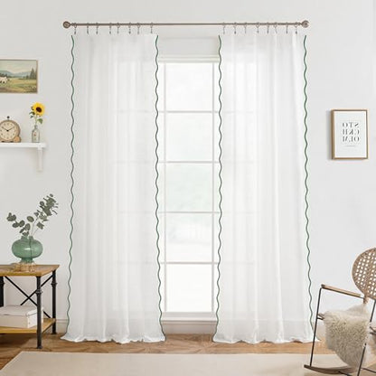 DriftAway Semi Sheer Scalloped Edge White Coastal Beach Window Curtains for Living Room Bedroom 2 Panels Rod Pocket Each Size 52 Inch by 90 Inch Loden Green - color: White Loden Green, size: 52"W x 90"L (Pack of 2)