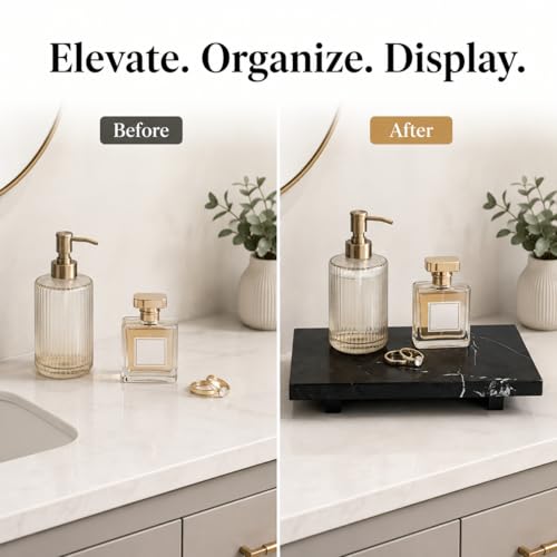 Small Black Marble Soap Dispenser Pedestal Tray 9.84 in - color: Black Marble-9.84 in