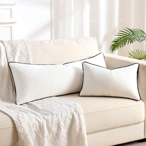 Decorative Pillow Covers White Pillow Case for Lumbar Pillow Decorative Single Rectangle Cushion Case 14x36 Inch Velvet Pillow Covers Elegant Pillowcase with Black Trim Edge Modern Boho Home Decor - color: White, size: 36" x 14" (Pack of 1)