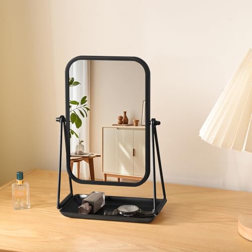 Small Desk Mirror with Storage Tray Tabletop Makeup Mirror Black - color: Rectangular-black