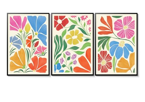 Yaneiro Matisse Colorful Wildflower Wall Art Set of 3, Vintage Abstract Boho Floral Canvas Poster Print Wall Decor, Suitable for living Room Dining Room Bedroom Girls Room 12x16in Unframed - color: Color Flowers Posters, size: 12x16 in