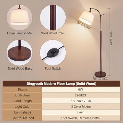 Floor Lamp, 9W 850lm Smart LED Arch Floor Lamp - Solid Wood Base - color: Solid Wood