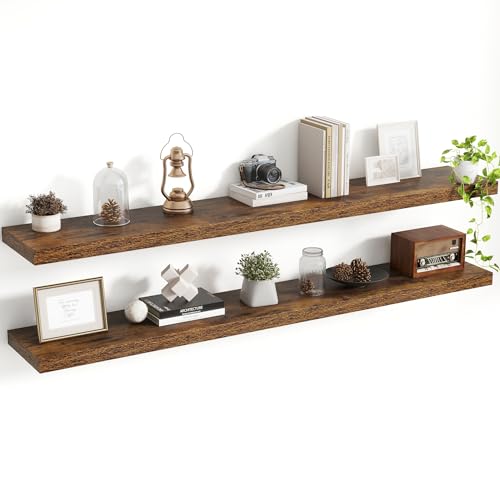 Acovy 55 Inch Floating Shelves, 8 Inch Deep Floating Shelves for Wall, Hanging Shelf with Invisible Brackets, Deep Shelves for Bathroom, Bedroom, Living Room, Brown, Set of 2 - color: Brown, size: 8"Wx55"L-2pcs
