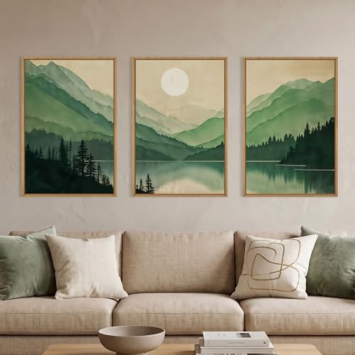 Celestdeco Green Boho Mountain Lake Framed Canvas Wall Art Set-16"x24"x3 - color: Green Landscape Wall Art, size: 16"L x 24"W