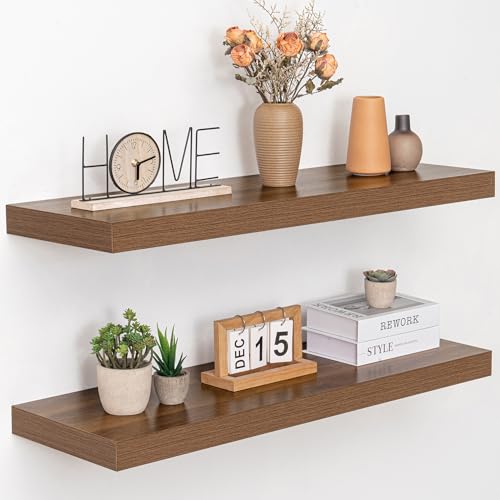 Acovy 36 Inch Floating Shelves, 12" Deep Floating Shelf Wall Mounted, 36" Wall Shelves, Rustic Deep Bookshelf, Extra Deeper & Thicker Display Shelves for Bedroom, Living Room, Walnut, Set of 2 - color: Walnut, size: 12"Wx36"L-2pcs