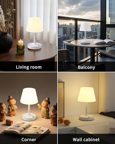 PUSU Cordless LED White Small Table Lamp, Waterproof Shower Desk lamp - color: Matte White (Metal + PE Plastic)