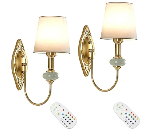 Vintage Battery Operated Wall Sconce Set of 2, Gold LED RGB 15 Color