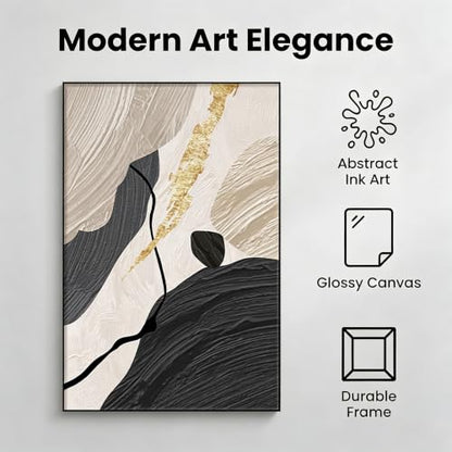 QKF Gold Geometric 3D Texture Black Aluminum Frame Canvas Wall Art - color: Beige & Black with Gold Accent