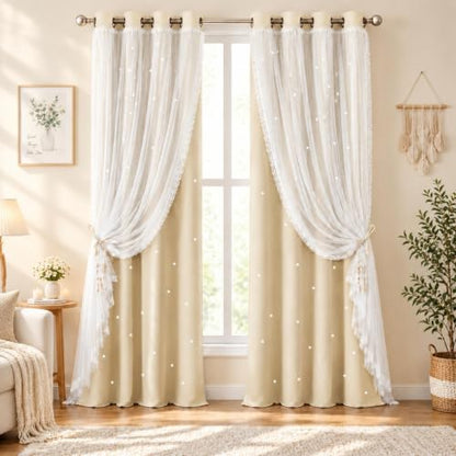 Beige Kids Star Cutout Curtains for Bedroom 52" W x 108" L 2 Panels - color: Beige, size: 52"W x 108"L (Pack of 2)