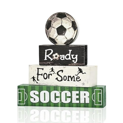 Smile Soccer Wooden Block Decor Set, 4-Piece Ready For Some Soccer Blocks & Soccer Ball Tiered Tray Tabletop Signs for Game Day & Sports Party Decorations - style: Goal