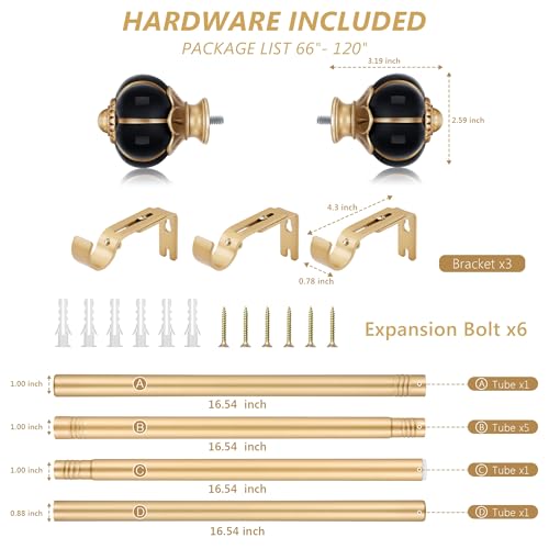 Ceramic Curtain Rods for Windows 66 to 120 Inch 1 Inch Adjustable - color: Gold Black, size: 66"-120"