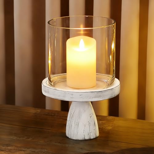 9" Wide Farmhouse Glass Hurricane Candle Holder & Glass Vase with Distressed White Sturdy Solid Wooden Base for Pillar & Flower Arrangement, Terrarium, Centerpiece, Console Table, Dining Table, Mantel - color: Rustic White, size: 9"x13.5"