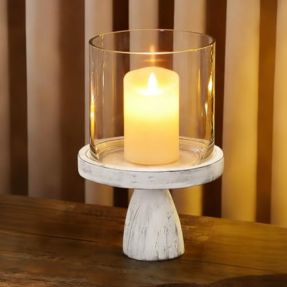 9" Wide Farmhouse Glass Hurricane Candle Holder & Glass Vase with Distressed White Sturdy Solid Wooden Base for Pillar & Flower Arrangement, Terrarium, Centerpiece, Console Table, Dining Table, Mantel - color: Rustic White, size: 9"x13.5"