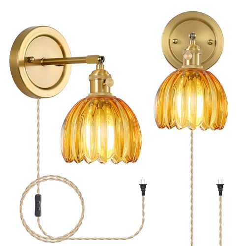 Vintage Wall Sconces Set of 2 Plugin Bedroom Bedside - color: Amber