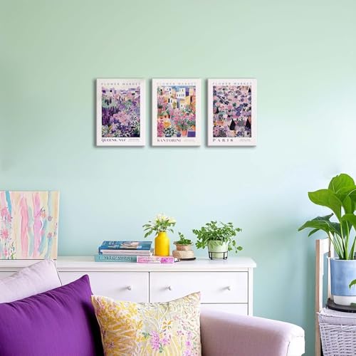 XLARTMY Flower Market Wall Art Prints Canvas Purple and Pink Floral Paintings Colorful Botanical Travel Flower Posters for Home Decor Pictures Set of 3 for Living Room Bedroom 12x16in - color: Flower Market PUrple, size: 12x16in Canvas