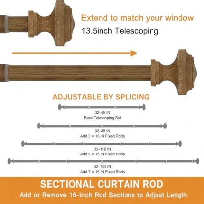 1 Pack Boho Rustic Adjustable Wood Curtain Rod 32-116 Inch, Wood - color: Wood Grain, size: 32'' - 120'' (1 Pack)