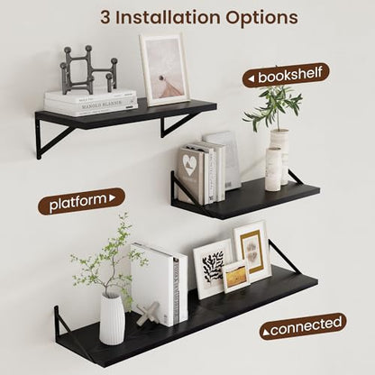 Axeman Deep Floating Shelves Black- 24 Inch Wide x 12 Inch Deep Wall Shelves Set of 2 - Black Wood Wall Shelves for Living Room Bedroom Laundry Room - color: Black, size: 24W x 12D