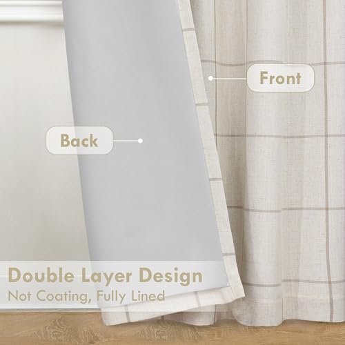 DriftAway 100% Blackout Plaid Linen Curtains 108 Inches Long 2 Panels Taupe - color: Taupe, size: 52"W x 108"L (Pack of 2)