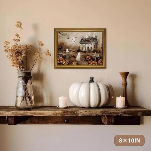 AVECCO Halloween Haunted Pumpkin House Ghost Wall Art Framed Canvas 8x10 in - color: Castle, size: 10"L x 8"W