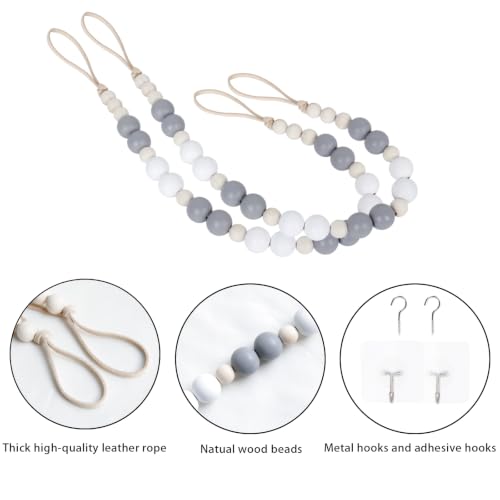2 Pack Wood Bead Curtain Tieback, Boho Curtain Holdback for Wall - color: White, Gray, Wood Color