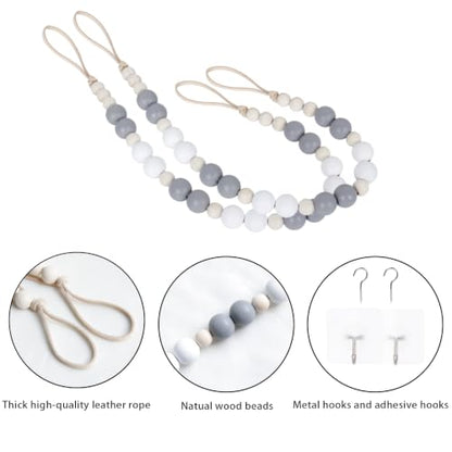 2 Pack Wood Bead Curtain Tieback, Boho Curtain Holdback for Wall - color: White, Gray, Wood Color