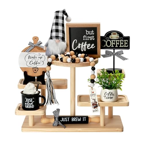 Coffee Bar Decor, 8 PCS Coffee Decorations for Table Tiered Tray Shelf - color: Coffee