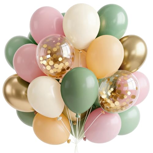 PartyWoo Pink and Green Balloons 66pcs 12 Inch Gold White Green Balloons - color: Green-3326