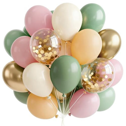 PartyWoo Pink and Green Balloons 66pcs 12 Inch Gold White Green Balloons - color: Green-3326