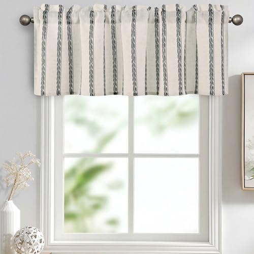 JIUZHEN 52x14 Inch Kitchen Valance - Thick Textured Linen Striped Window Valance Curtain with 3" Rod Pocket, Wheat Stripe Grey (1 Panel) - color: Wheat Stripe Grey, size: 52"W x 14"L (Pack of 1)