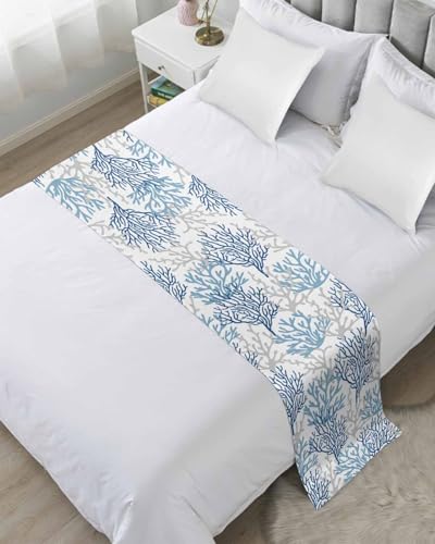 DecorLovee Navy Blue Coral Coastal Bed Runners for King Size Bed, Summer Beach Decorative Bed Throws for Foot of Bed, Nautical Bed Runner Sofa Throw Bedding Scarf Protector Slipcover for Bedroom - color: Navy Blue Coral, size: 94"x20" for King Bed