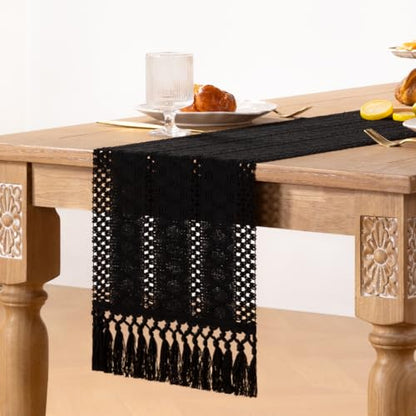 Boho Macrame Table Runner Black Burlap Small Dresser Runner - color: Black, size: 12" × 48"