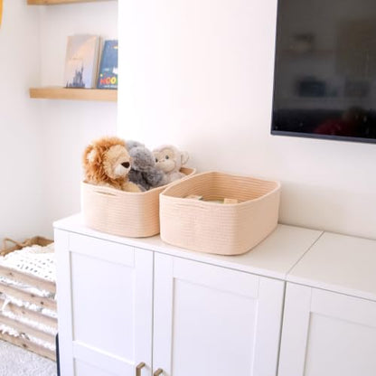 Woven Rope Baskets for Organizing, 3 Pack, 15.5 x 11 x 5.5" Storage Bins - color: Beige