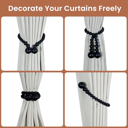 KLOGTSIND Magnetic Curtain Tiebacks, 2 Pack Wood Bead Curtain Holdbacks - color: Black