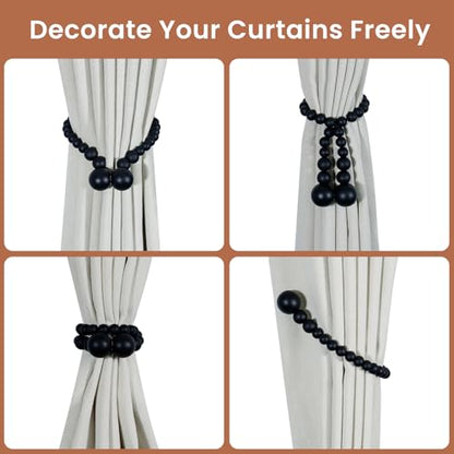 KLOGTSIND Magnetic Curtain Tiebacks, 2 Pack Wood Bead Curtain Holdbacks - color: Black