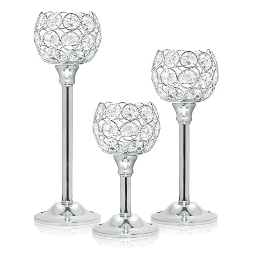 Set of 3 Silver Crystal Metal Tealight Candlestick, Bling Bowl Candelabras, Tall Votive Candle Holders Elegant Candle Centerpiece for Dining Table Wedding Decor - color: Silver