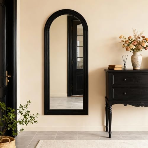 Floor Length Mirror with Stand Wood Floor Mirror,Arched Solid Wood Frame for Wall Door Bedroom Bathroom Living Room,Hanging or Leaning Wall-Mounted,Black