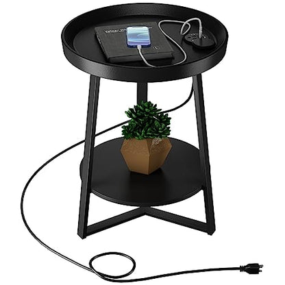 Gadroad Round End Table with Charging Station, Black - color: Black, size: 15.75"D x 15.75"W x 23"H (with Charging Station)