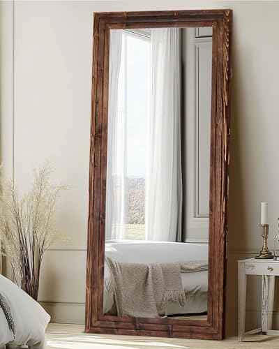 71x30in Full Length Mirror, 3-Tier Stepped Solid Wood Frame, Brown - color: Brown, size: 71"L x 30"W