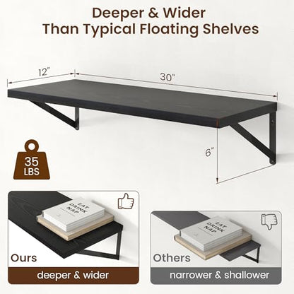 Axeman Deep Floating Shelves - 30 Inch Black Floating Shelves Set of 2-12 Inch Deep Wood Wall Shelves for Living Room Bathroom Kitchen - color: Black, size: 30W x 12D