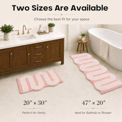 Geometric Design Boho Runner Bathroom Rugs, Long Scalloped Cute Bath Mat Non Slip for Bedroom Kitchen Hallway Laundry Room, Funky Retro Farmhouse Bath Rug Washable, Pink, 51"x20" - color: Pink, size: 1'8" x 4'3" (Rectangular)