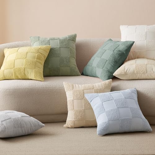 Double Stitch 100% Cotton Tufted Boho Checkered Throw Pillow Covers, Cream - color: Cream, size: 20" x 20" (Pack of 2)