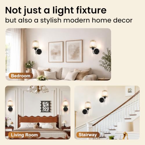 Crystal Battery Operated Wall Sconces Set of Two for Bedroom, Black - color: Black