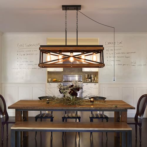 Rustic Farmhouse Plug in Kitchen Island Lighting, 5 Lights Rectangular Pendant Light Fixture with Adjustable Chain, Dimmable Switch, Oak Wood and Metal Linear Chandelier for Dining Room Home, Black - size: Large 5-Light Hanging Lamp